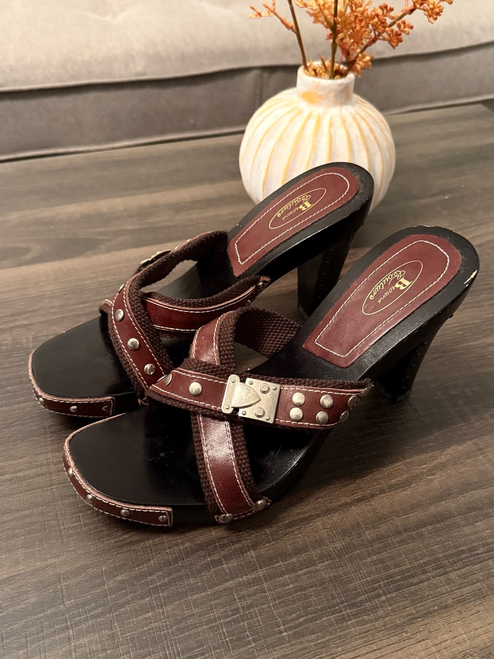 Brown Studded Wooden High Heel Sandals